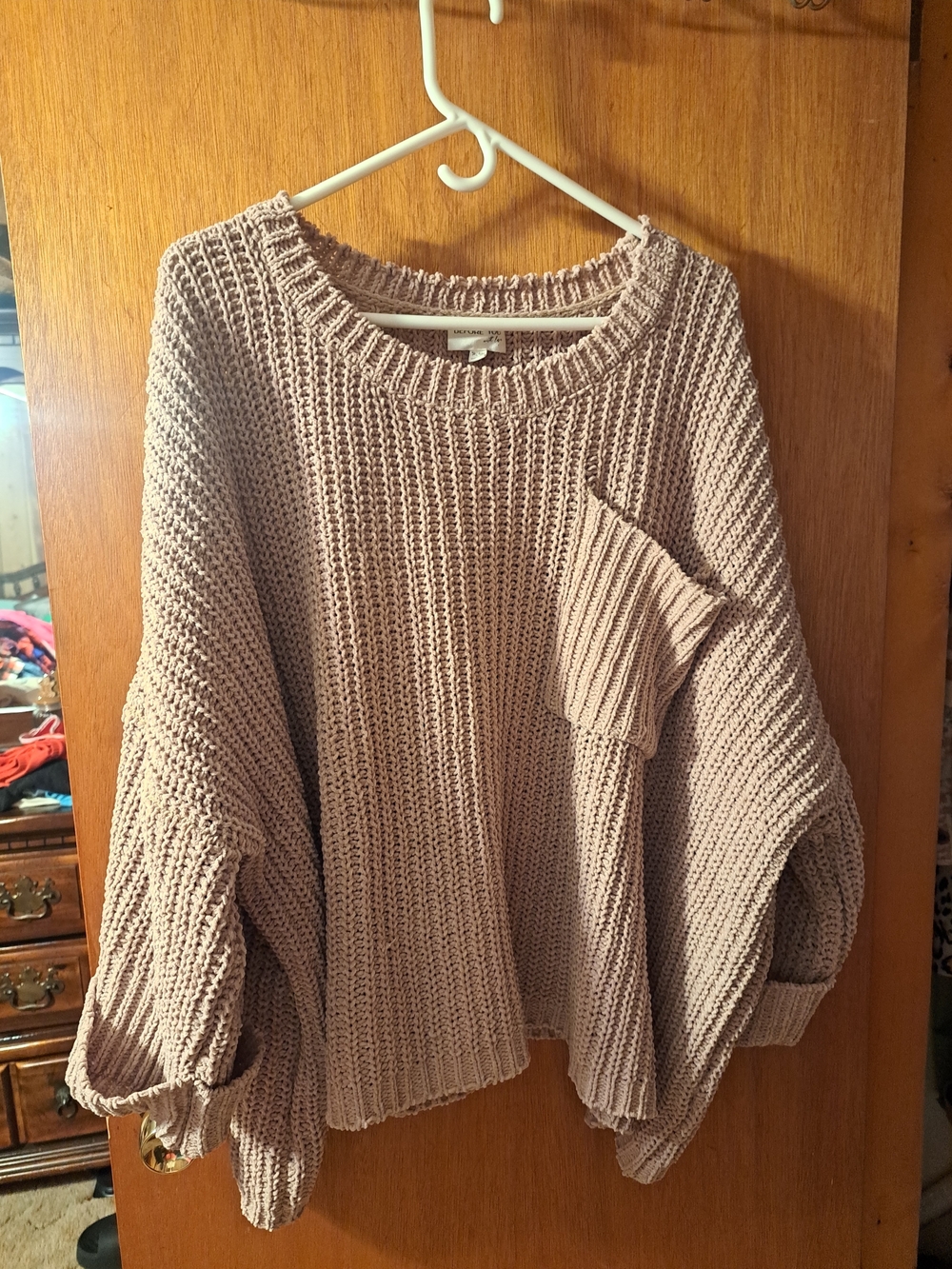 Oversized Chunky Knit Pocket Sweater - Taupe